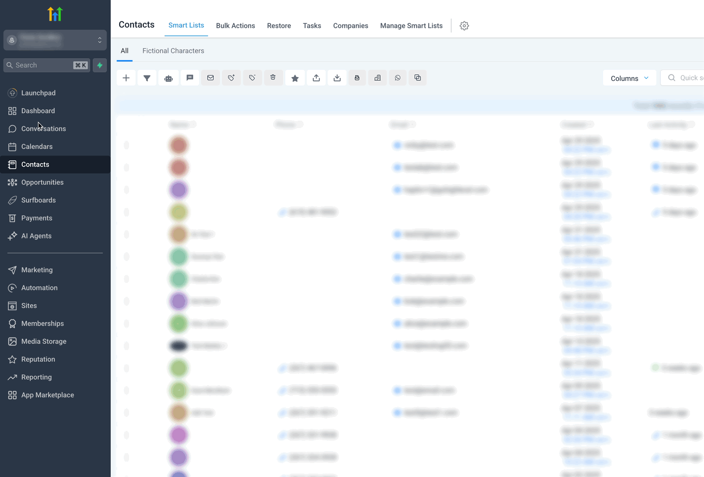 Animated screenshot of HighLevel contacts and smart lists view using blurred test data.